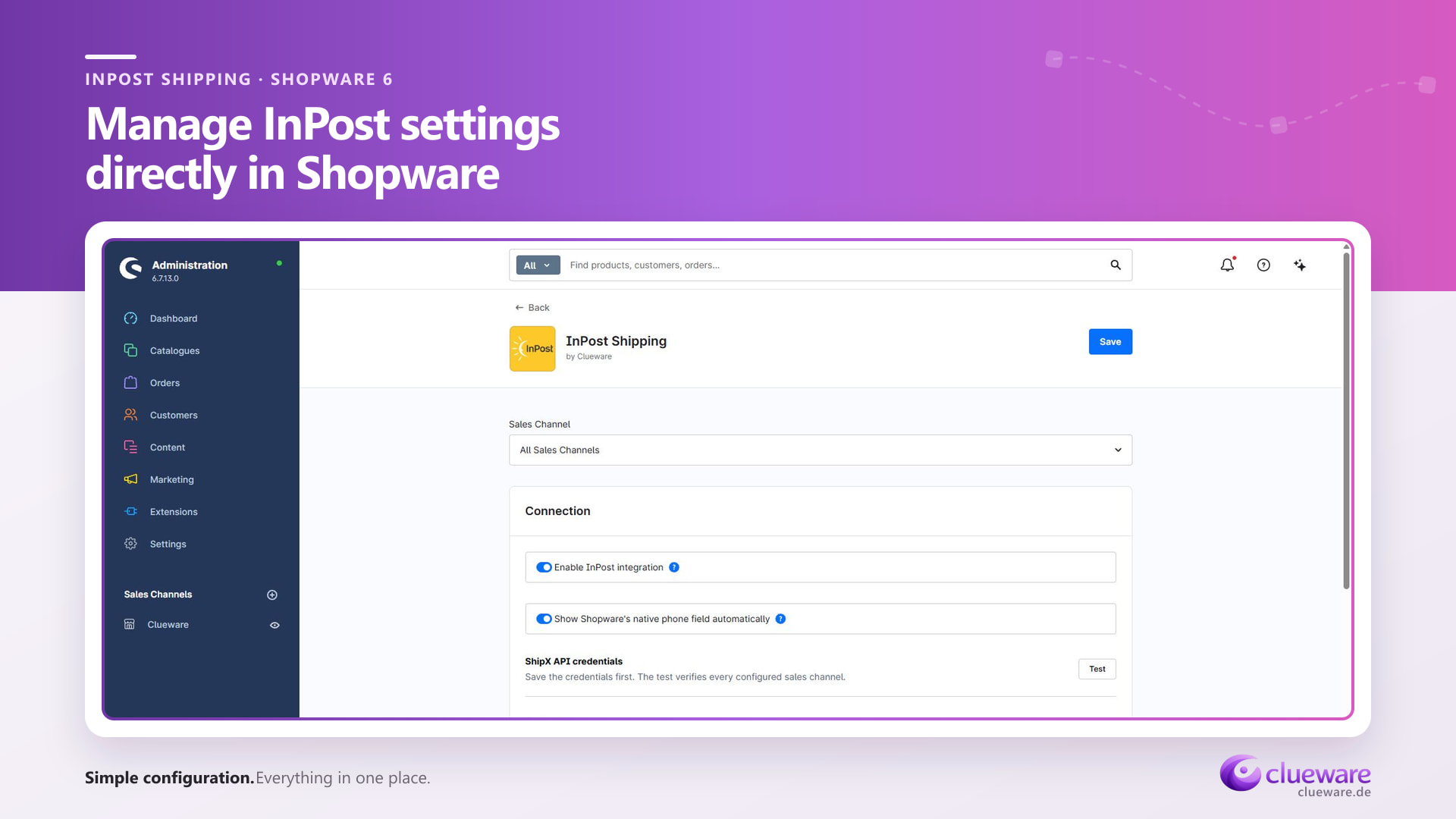 Konfiguration des InPost Shopware Plugins mit Verkaufskanal und ShipX-Verbindungstest